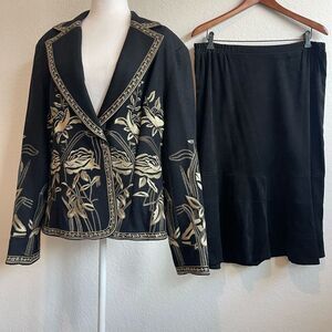 Nygard Womens Black Wool Gold Floral Embroidery Blazer Midi Skirt Set‎ XL